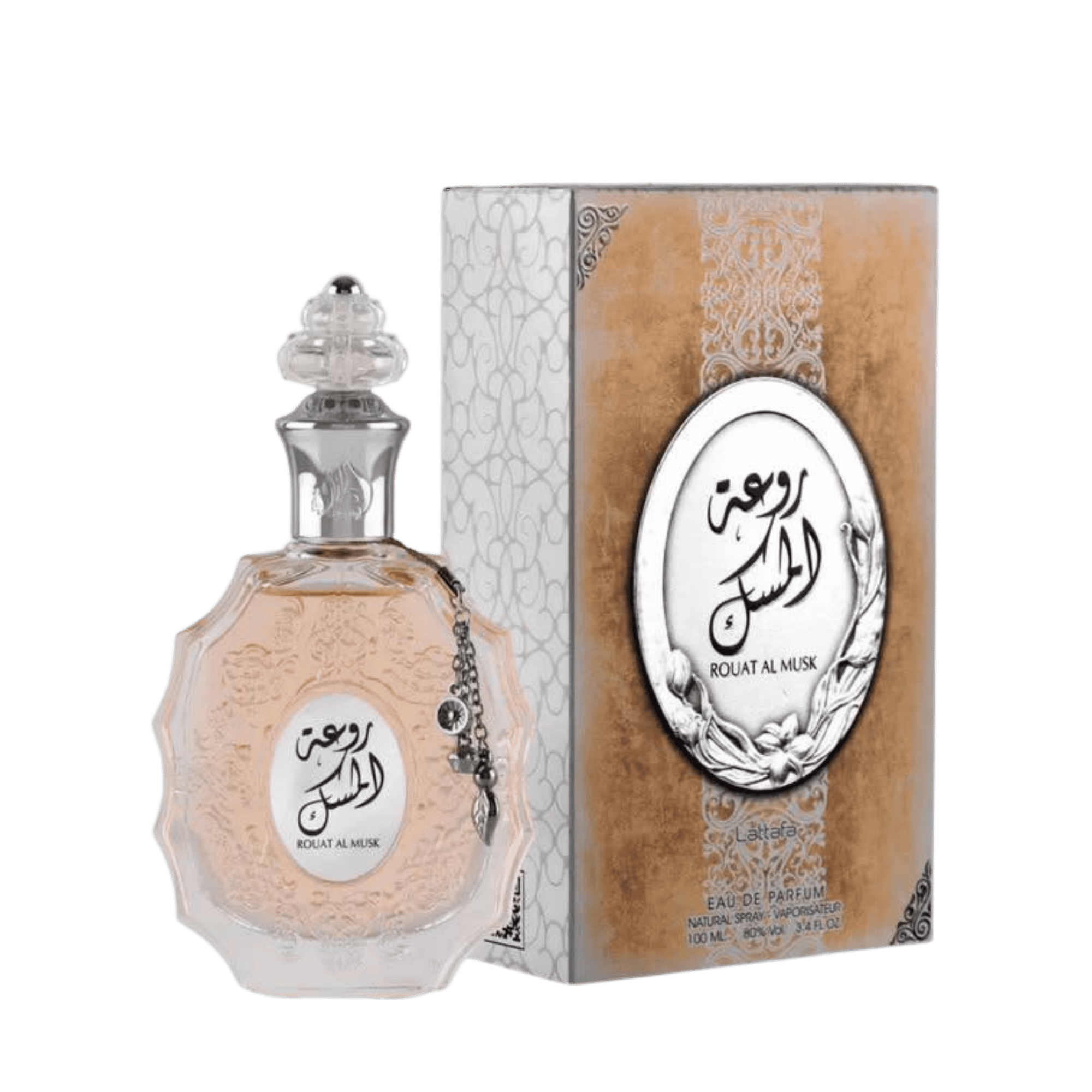 Lattafa Rouat Al Musk apa de parfum, flacon frontal elegant cu linii fluide și detalii decorative aurii.