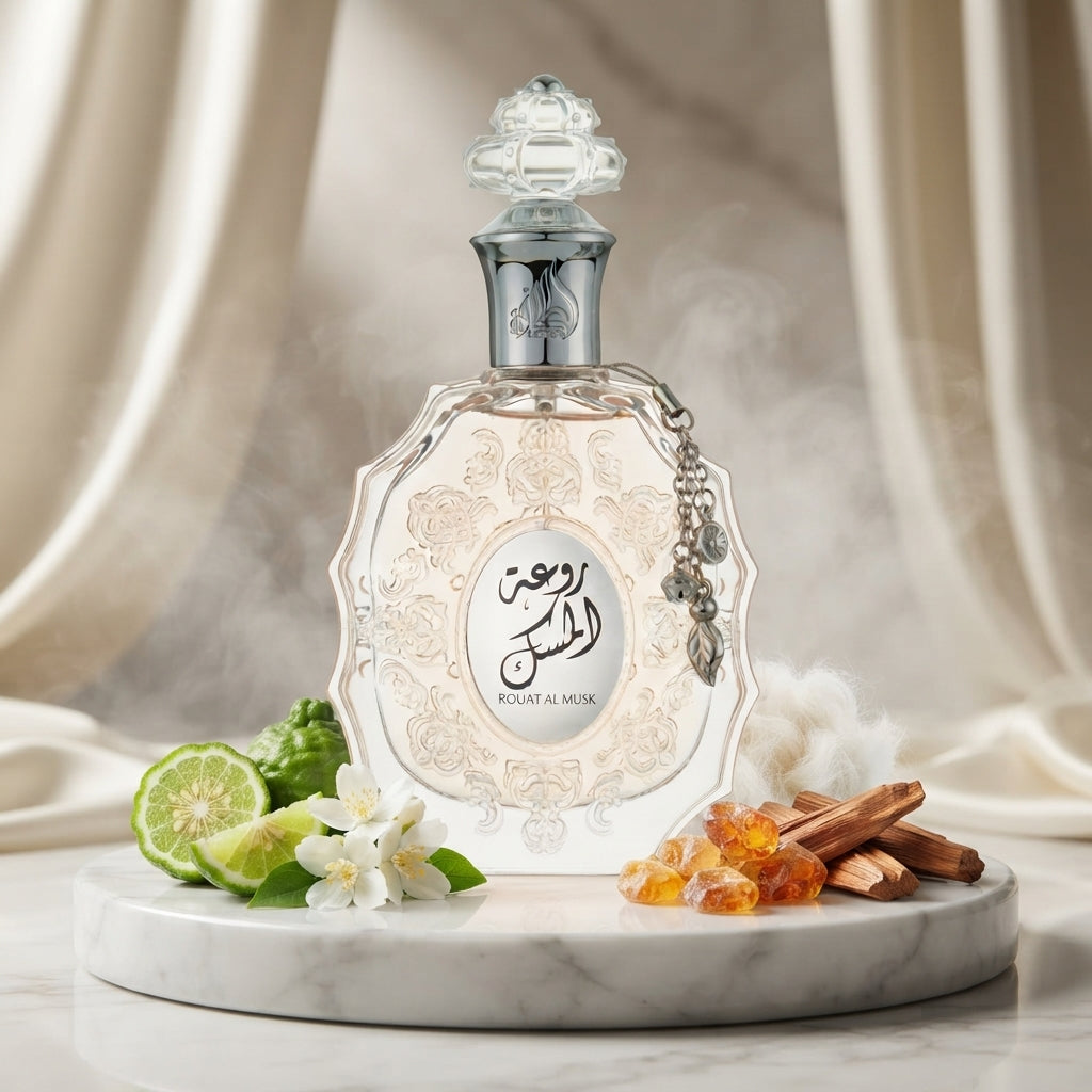 Lattafa Rouat Al Musk apa de parfum original prezentat alături de bergamotă, iasomie albă și mosc catifelat.