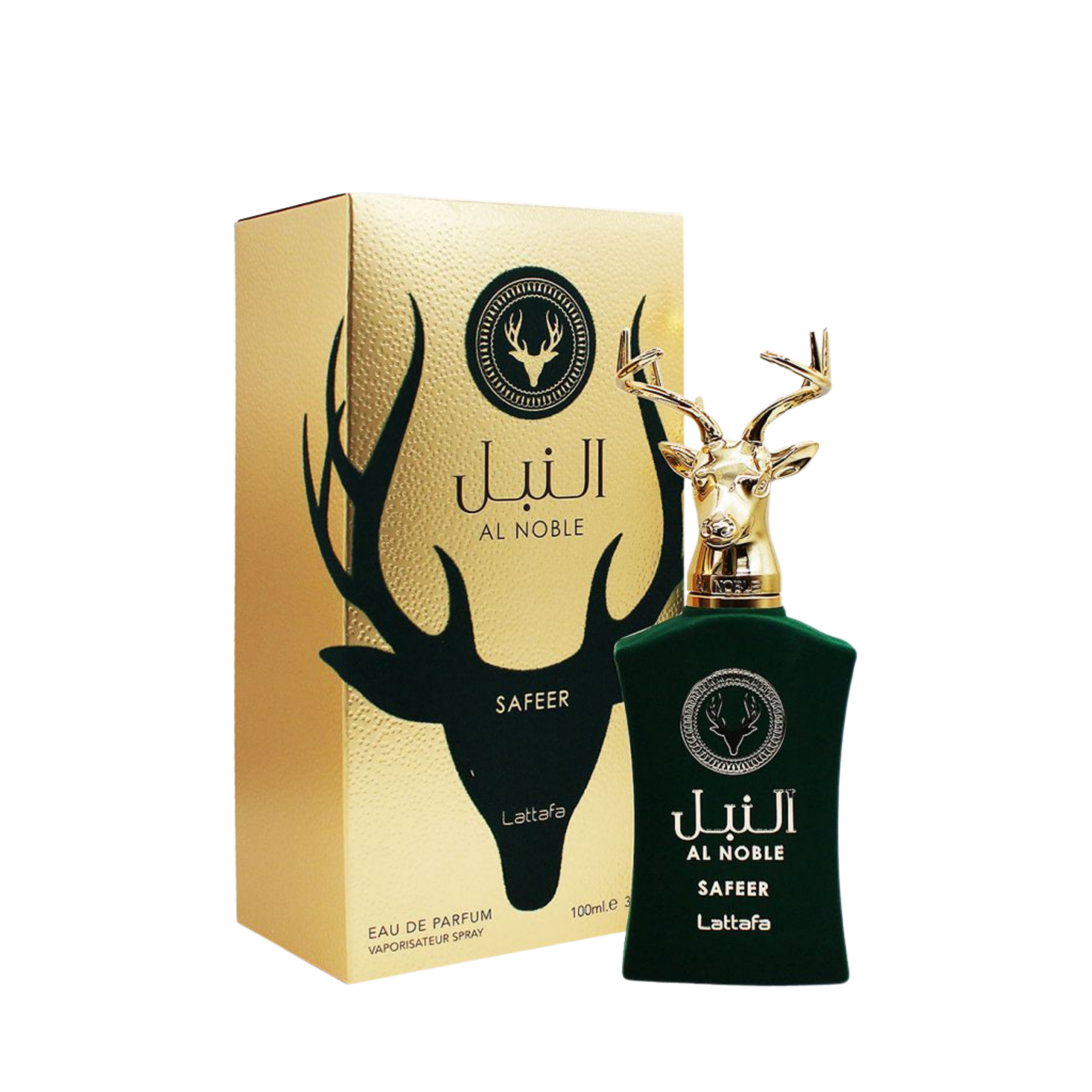Detaliu flacon Lattafa Safeer apa de parfum, evidențiind finisajele premium și eticheta eleganta.