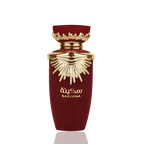 Detaliu flacon Lattafa Sakeena apa de parfum, evidențiind textura sticlei, pulverizatorul și elementele decorative.