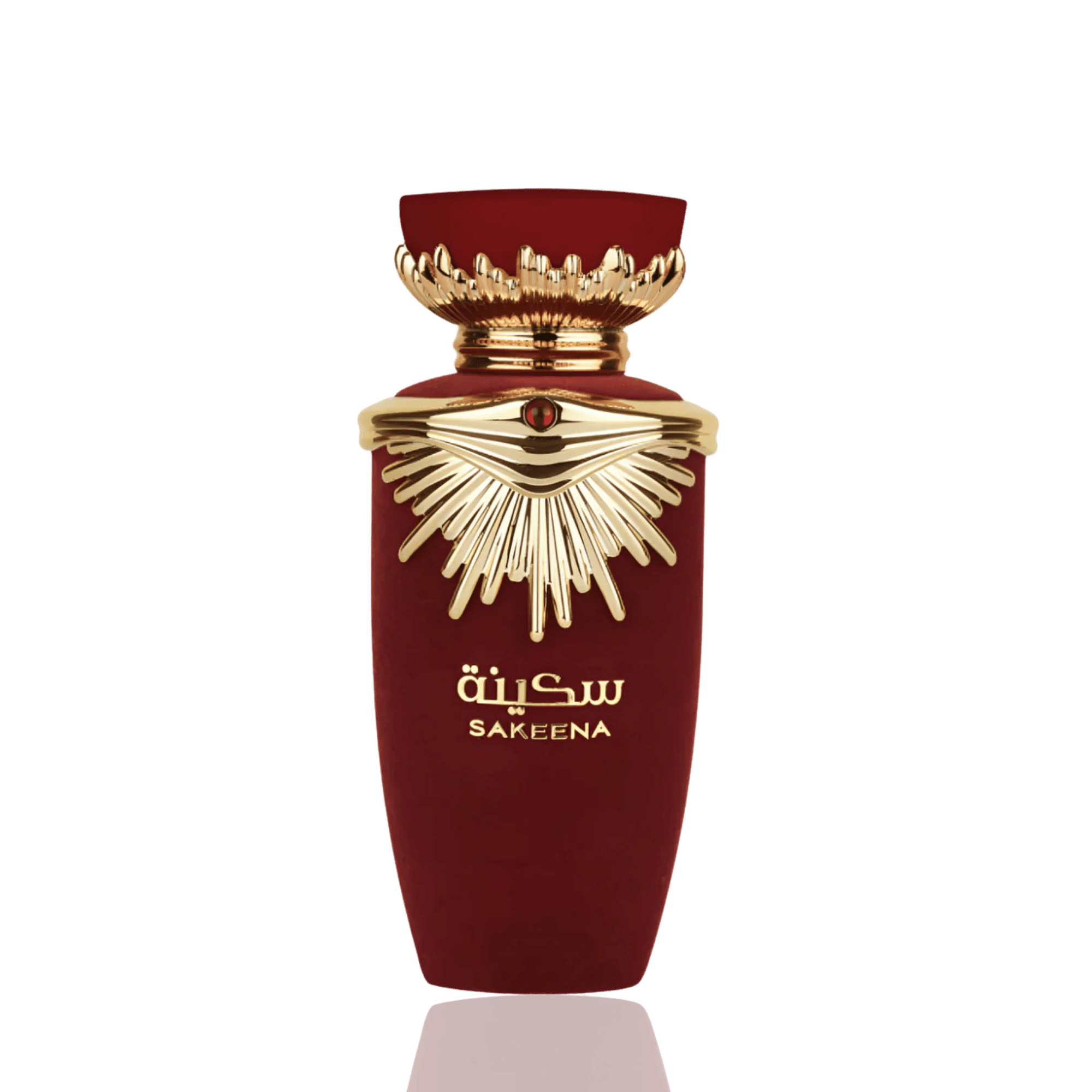Detaliu flacon Lattafa Sakeena apa de parfum, evidențiind textura sticlei, pulverizatorul și elementele decorative.