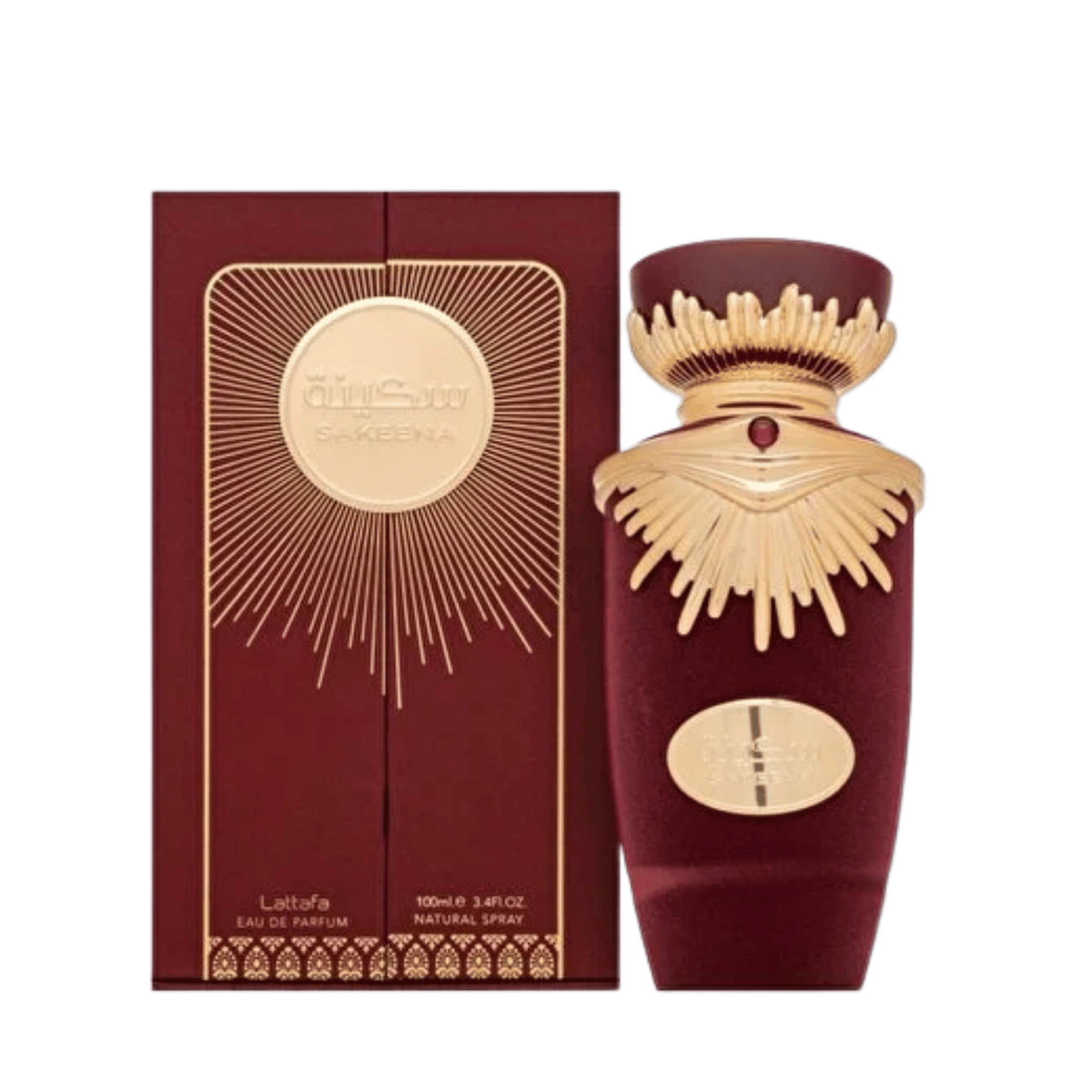 Lattafa Sakeena apa de parfum, flacon frontal feminin de lux cu detalii sculptate elegante.