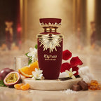 Lattafa Sakeena apa de parfum original prezentat alături de fructul pasiunii, trandafiri, vanilie și praline.