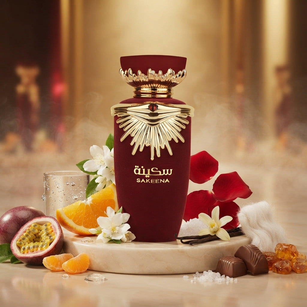 Lattafa Sakeena apa de parfum original prezentat alături de fructul pasiunii, trandafiri, vanilie și praline.