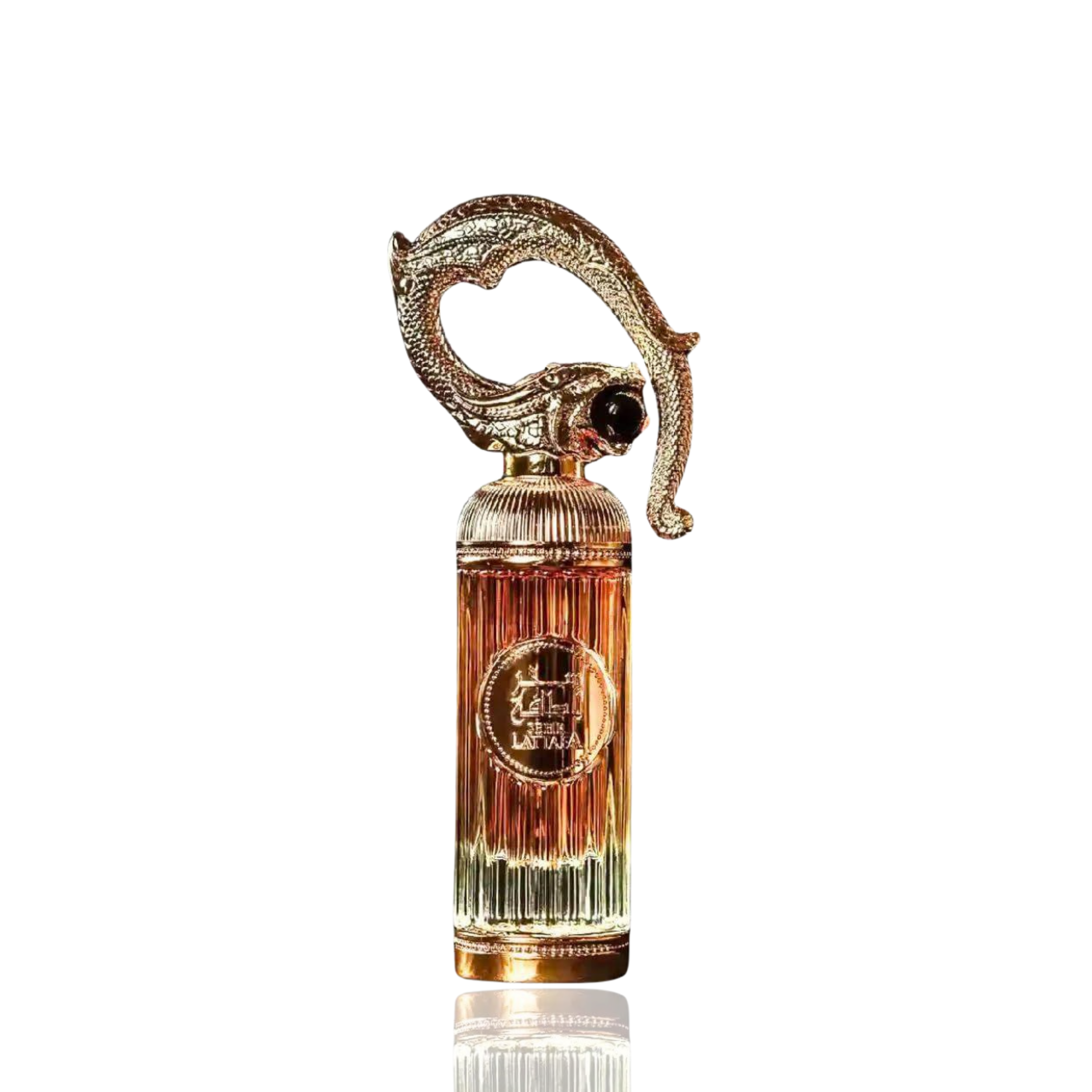 Detaliu flacon Lattafa Sehr Al Lattafa apa de parfum, evidențiind ornamentul dragon și piatra roșie decorativă.