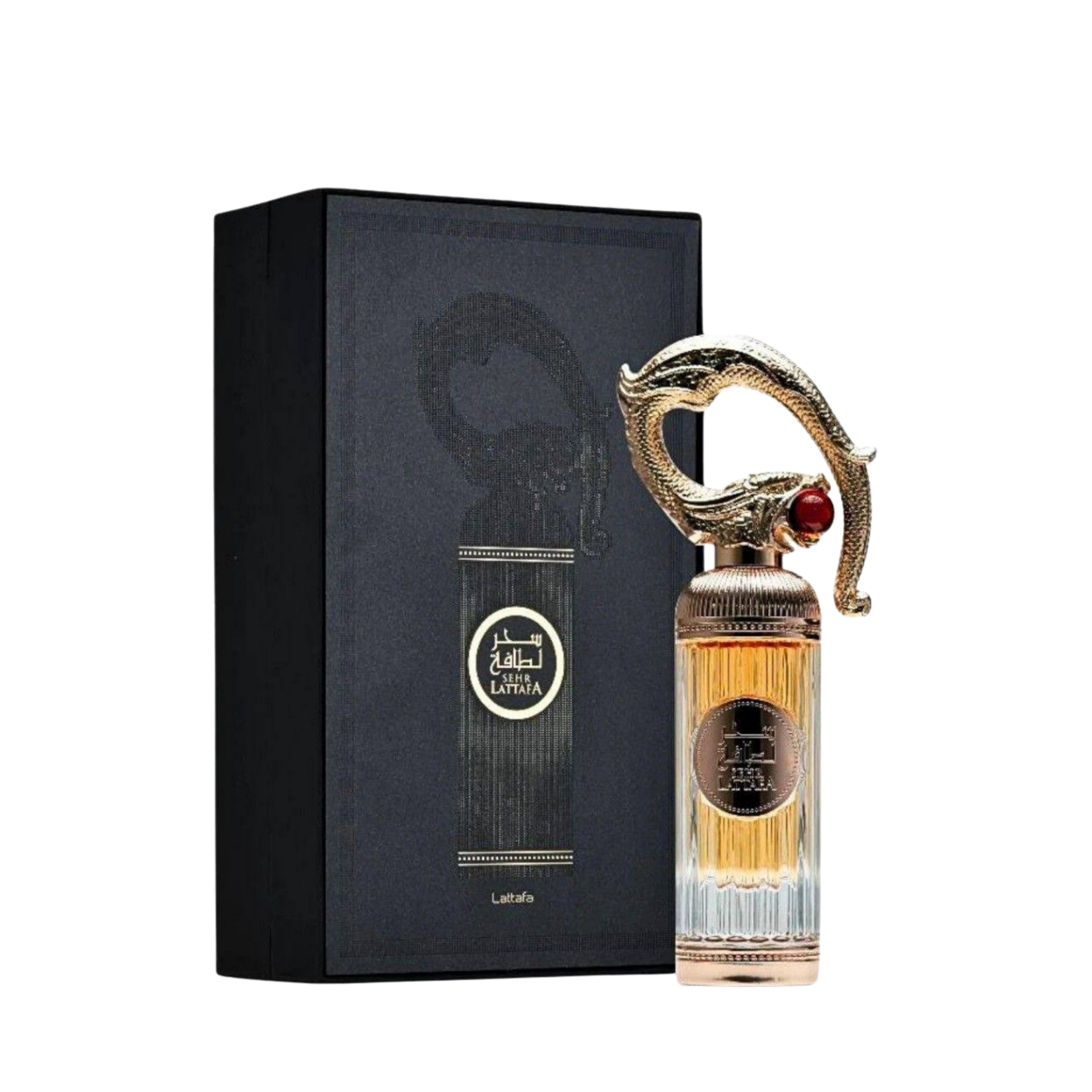 Lattafa Sehr Al Lattafa apa de parfum unisex, flacon frontal de 100 ml cu dop sculptural tematic.