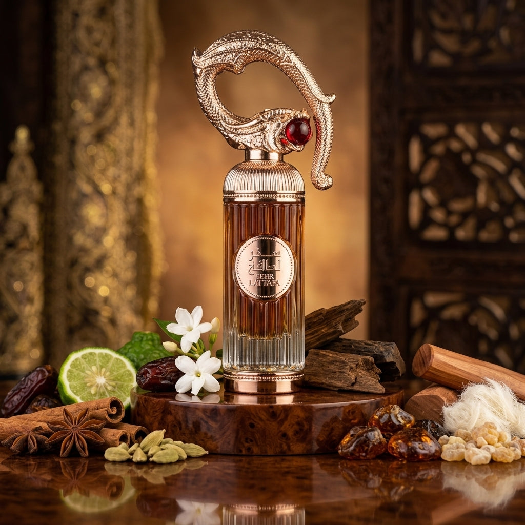 Lattafa Sehr Al Lattafa apa de parfum original prezentat alături de condimente, fructe exotice, iasomie și lemn de santal.