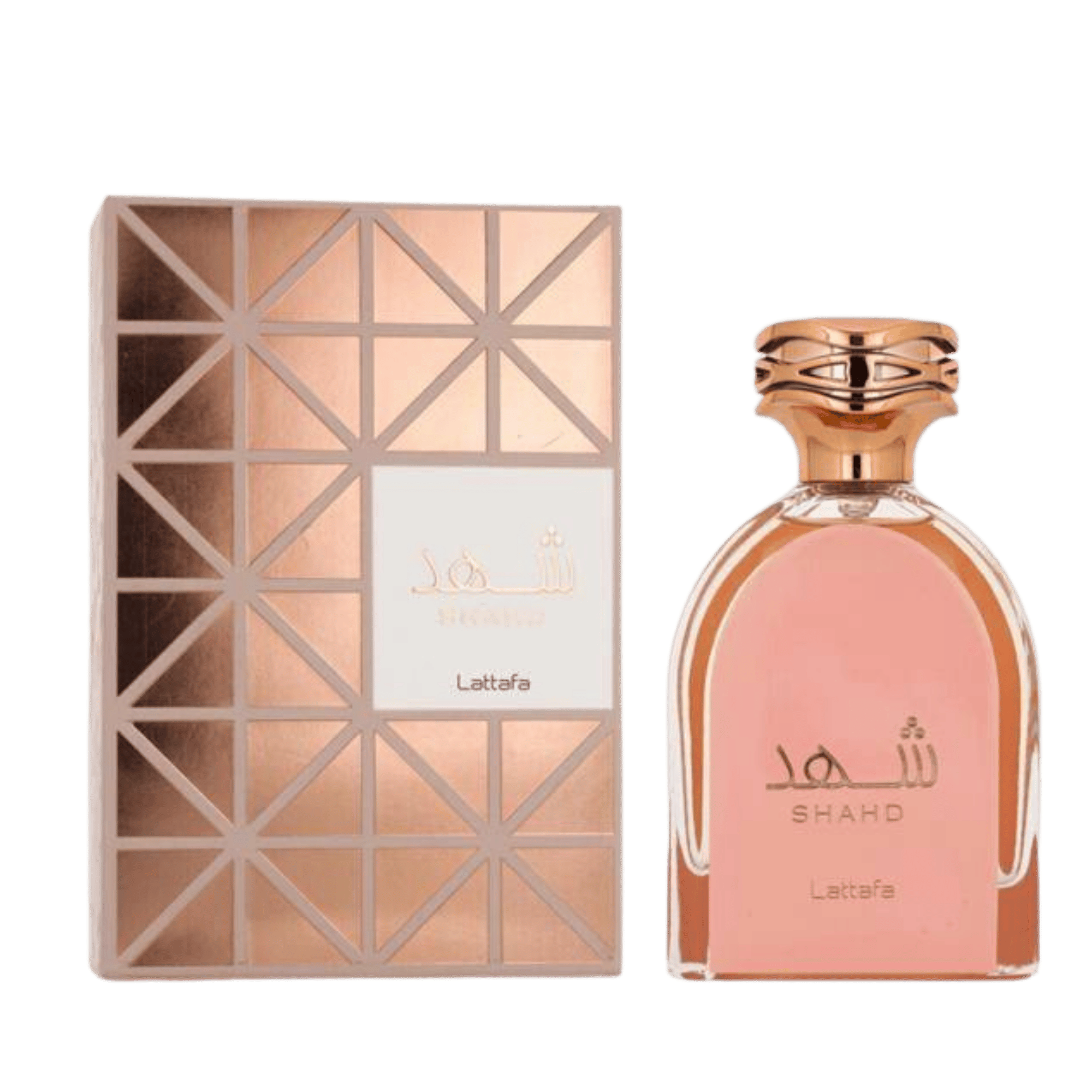 Lattafa Shahd apa de parfum, flacon frontal feminin de lux cu detalii elegante de design.