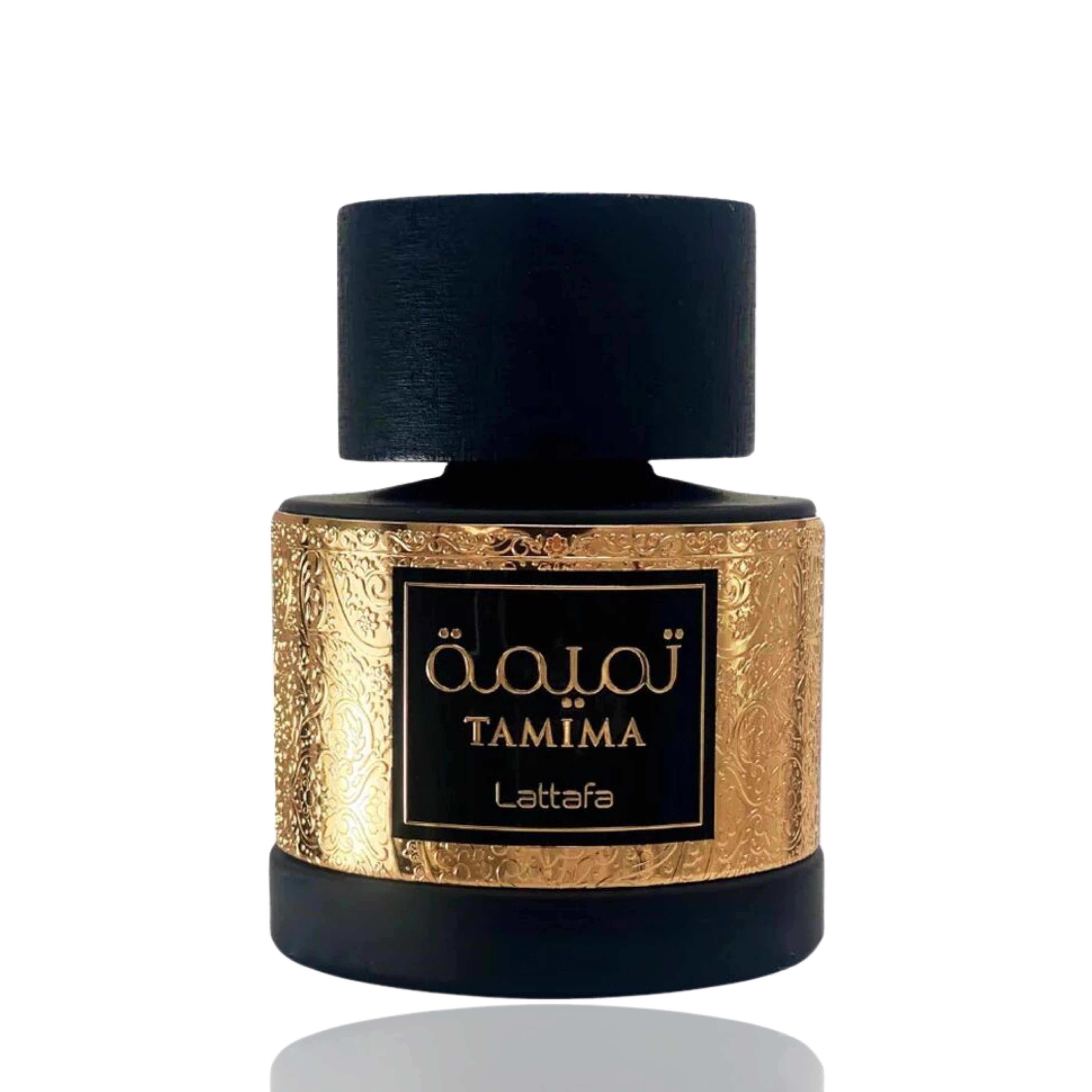 Detaliu flacon Lattafa Tamima apa de parfum, evidențiind textura fină a sticlei și detaliile aurii miniaturale.
