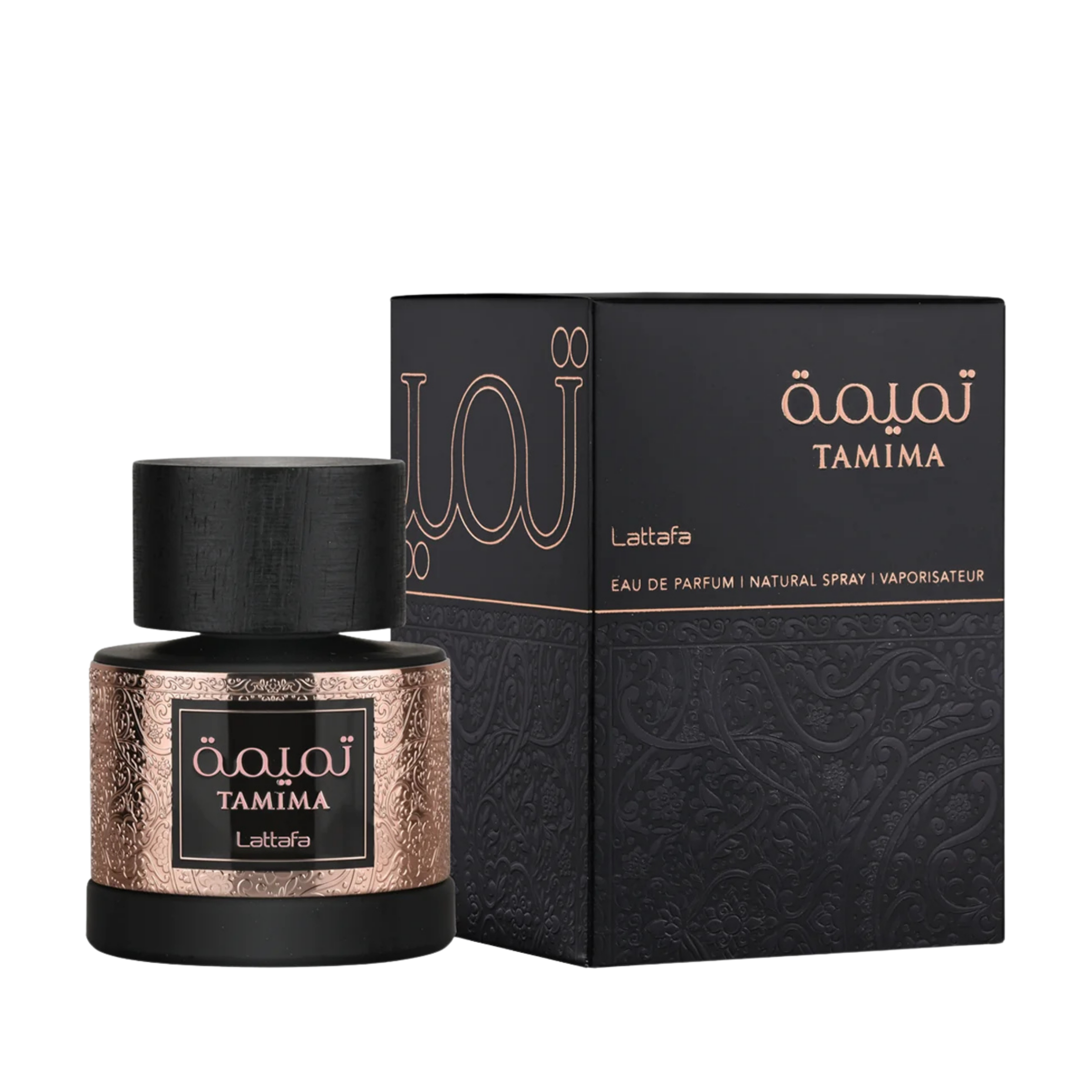Lattafa Tamima apa de parfum unisex, flacon frontal de 100 ml cu finisaj mat și ornamente aurii.