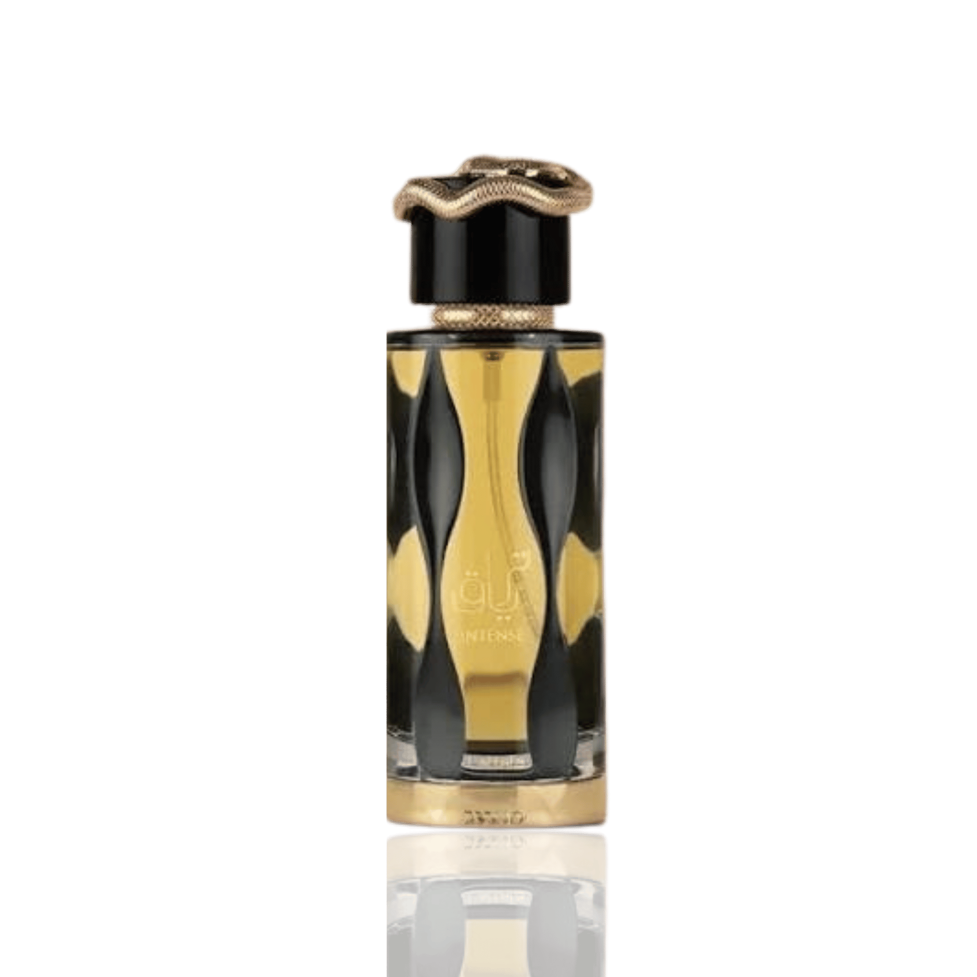 Detaliu flacon premium Lattafa Teriaq Intense 100 ml, evidențiind finisajele de înaltă calitate și capacul elegant.
