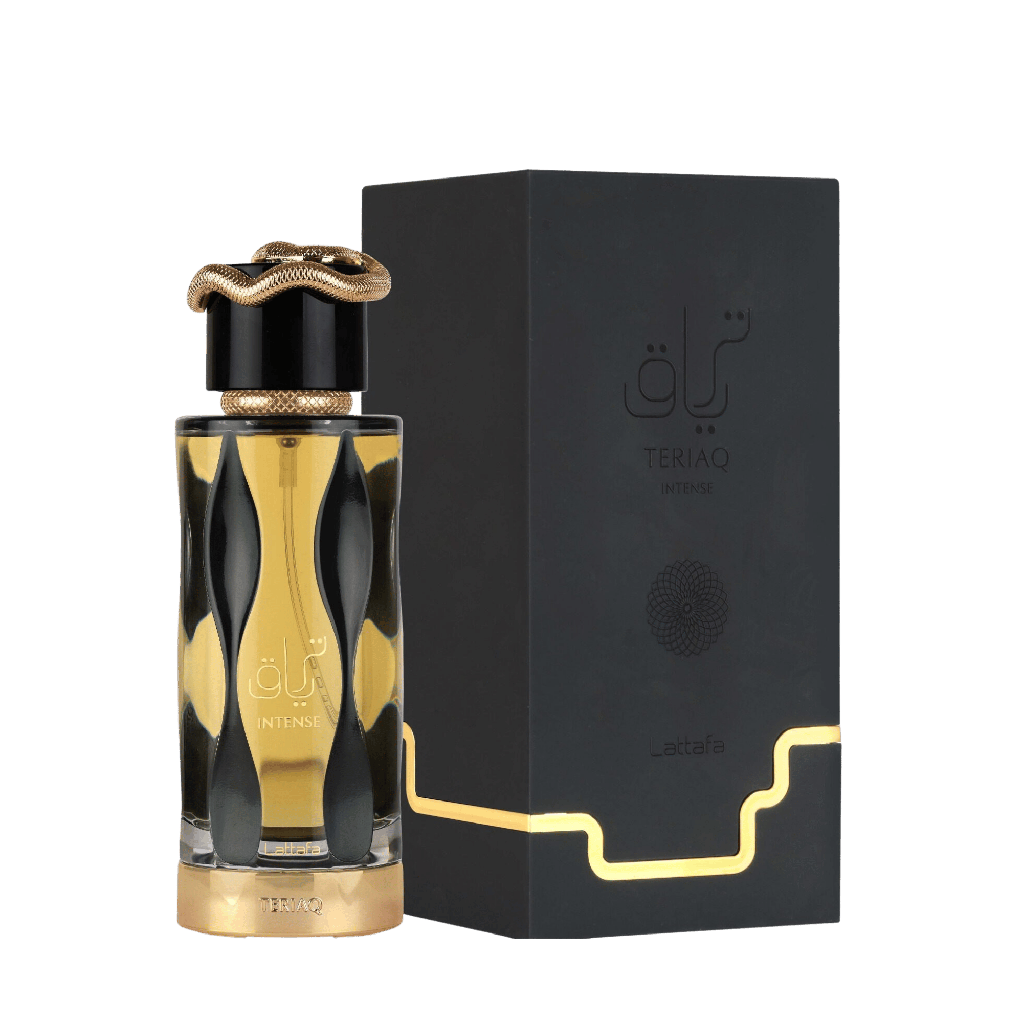 Lattafa Teriaq Intense apa de parfum 100 ml, flacon frontal ce reflectă designul luxos și intens al colecției.