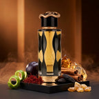 Lattafa Teriaq Intense parfum original prezentat artistic alături de șofran, batoane de scorțișoară și prune.