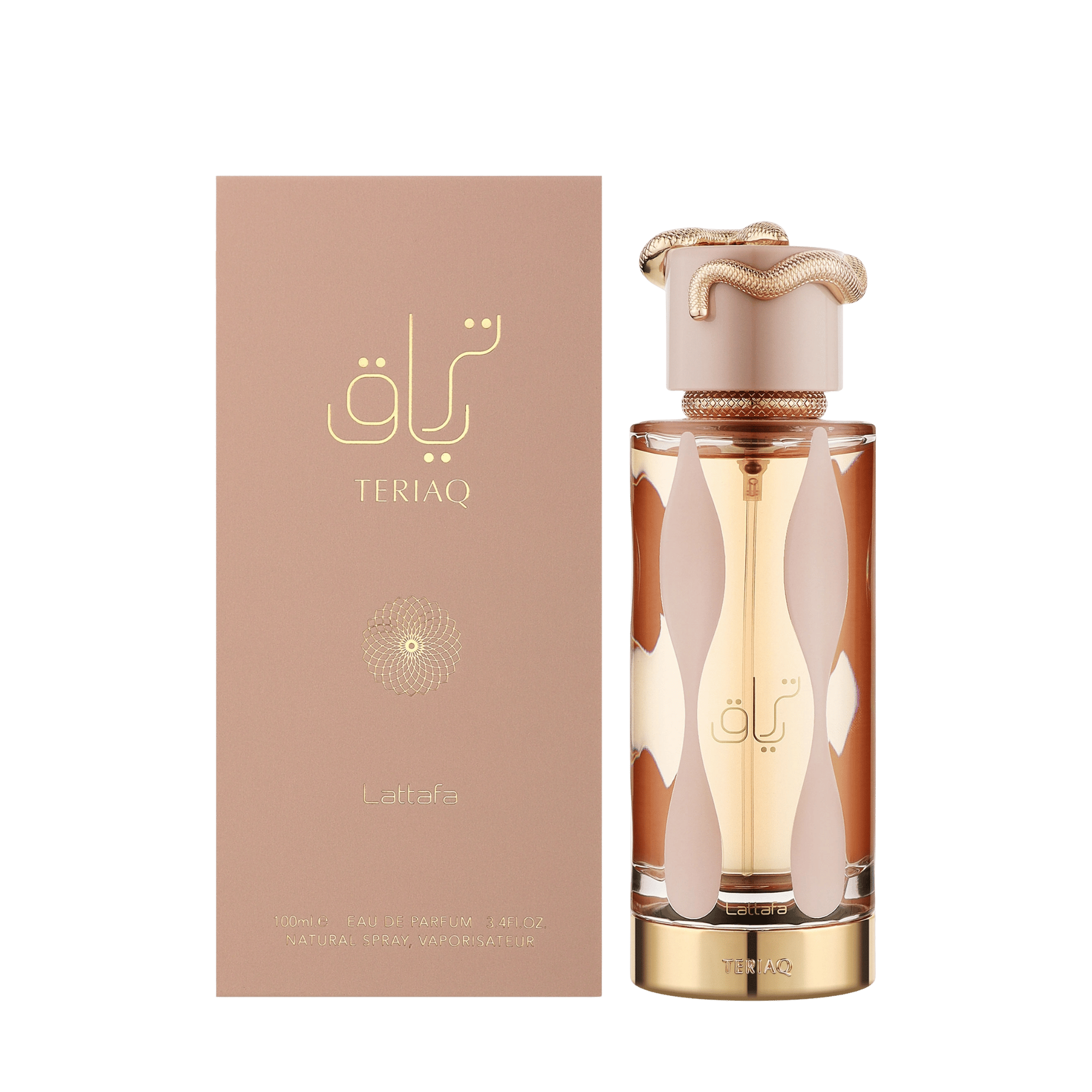 Lattafa Teriaq apa de parfum 100 ml, flacon frontal elegant ce reflectă stilul oriental-floral luxos.