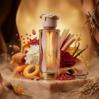 Lattafa Teriaq parfum original aranjat artistic alături de caramel, caise, miere fluidă și petale de trandafir.