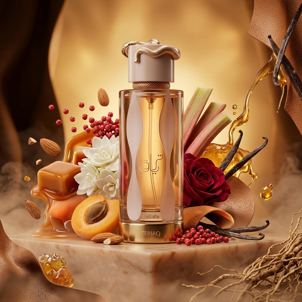 Lattafa Teriaq parfum original aranjat artistic alături de caramel, caise, miere fluidă și petale de trandafir.