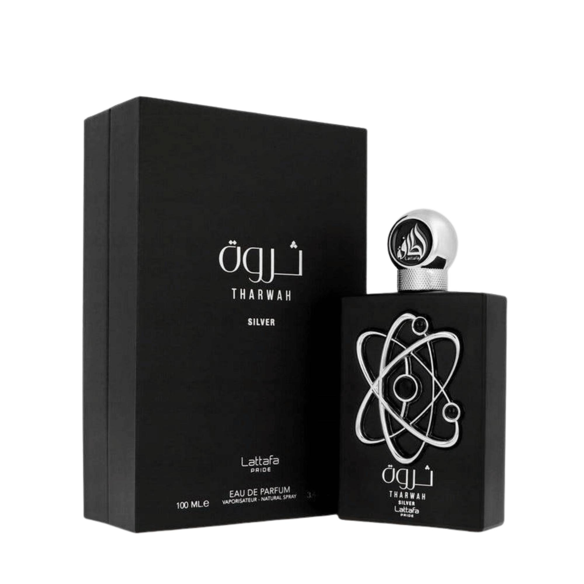 Lattafa Tharwah Silver apa de parfum, flacon frontal masculin de lux cu linii moderne și finisaje argintii.