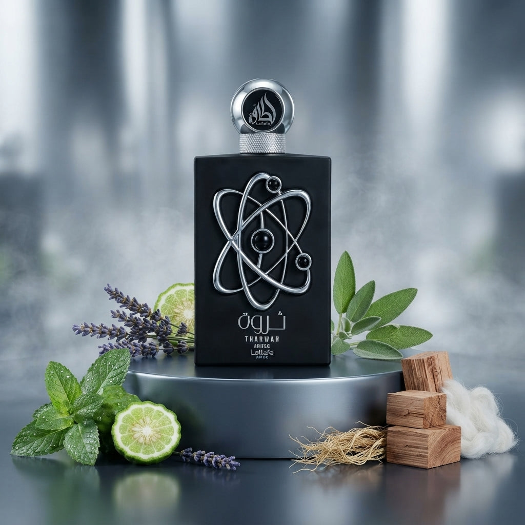 Lattafa Tharwah Silver apa de parfum original prezentat alături de frunze de mentă, bergamotă, lavandă și cedru.