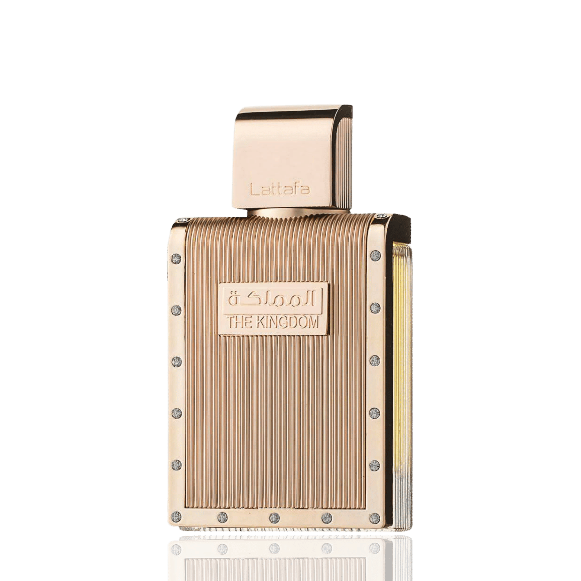 Detaliu flacon Lattafa The Kingdom apa de parfum, evidențiind finisajele metalice, pulverizatorul și capacul nobil.