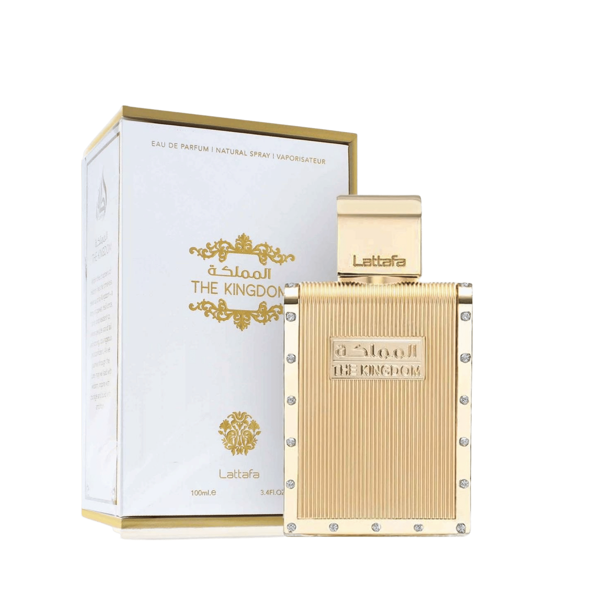 Lattafa The Kingdom apa de parfum, flacon frontal regesc de lux cu detalii decorative sofisticate.