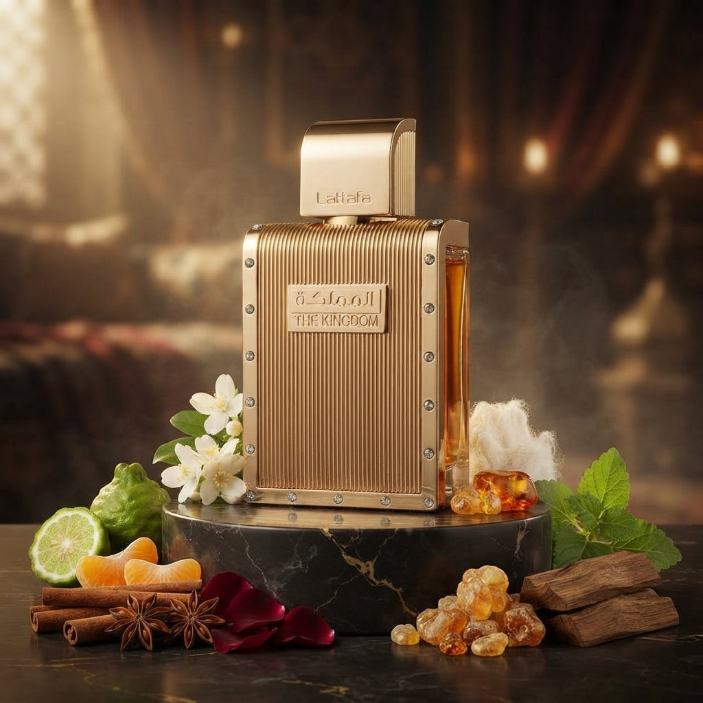 Lattafa The Kingdom apa de parfum original prezentat alături de bergamotă, trandafiri, ambră și patchouli.