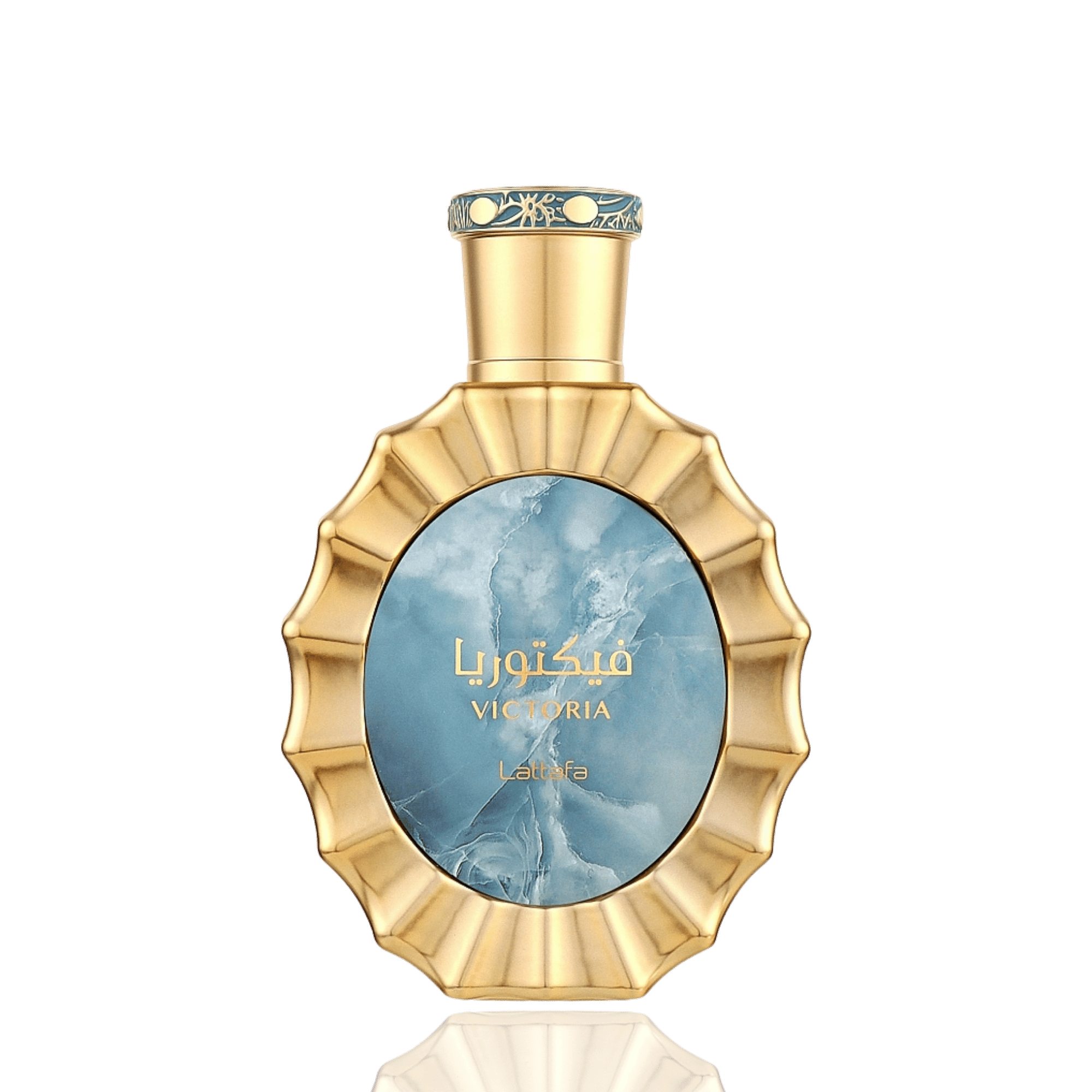 Detaliu flacon Lattafa Victoria apa de parfum, evidențiind textura sticlei, pulverizatorul și capacul rafinat.