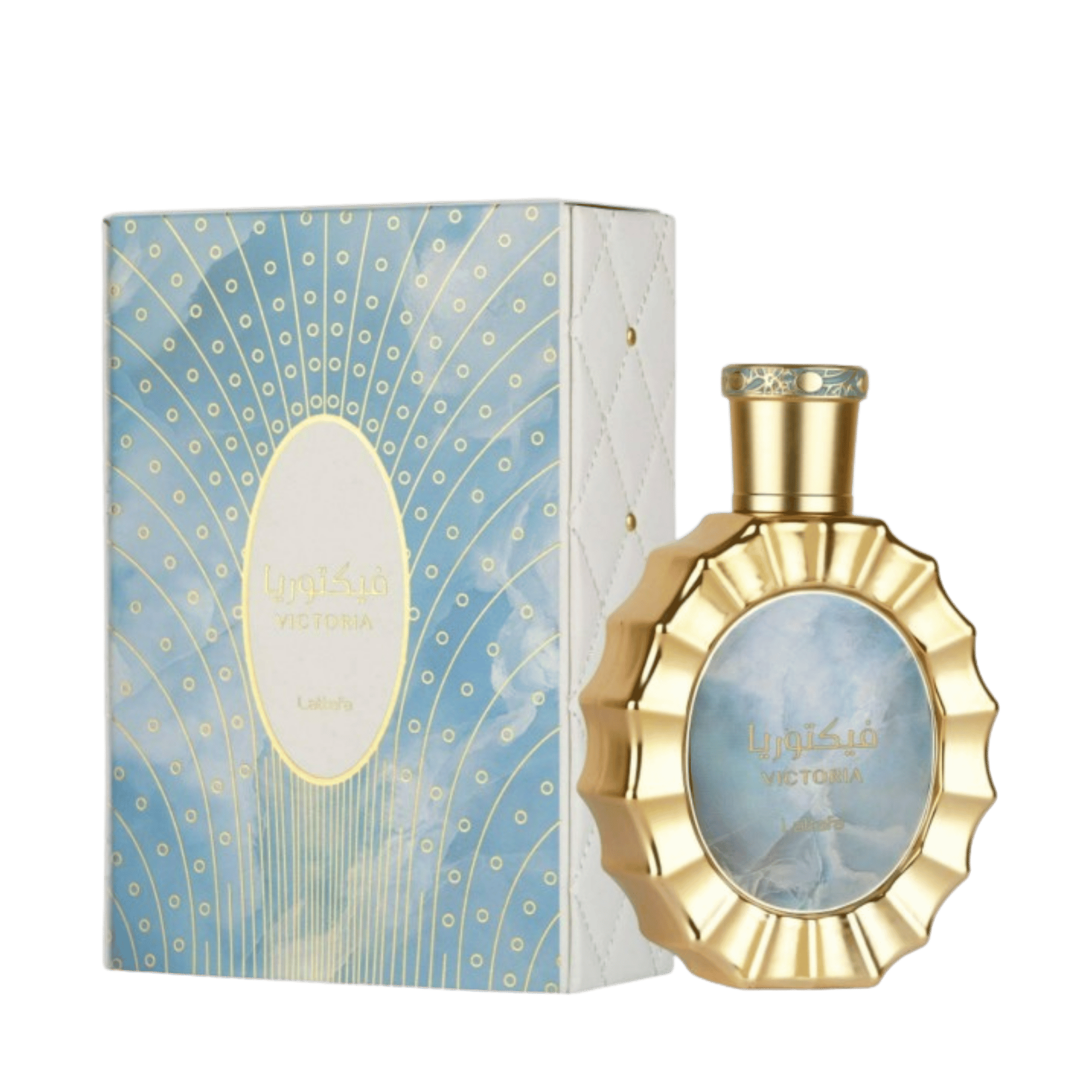 Lattafa Victoria apa de parfum, flacon frontal auriu de lux cu design elegant și sofisticat.