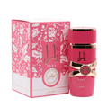 Lattafa Yara Candy apa de parfum 100 ml, flacon frontal roz fucsia vibrant, parfum original premium pentru femei.