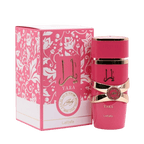 Lattafa Yara Candy apa de parfum 100 ml, flacon frontal roz fucsia vibrant, parfum original premium pentru femei.