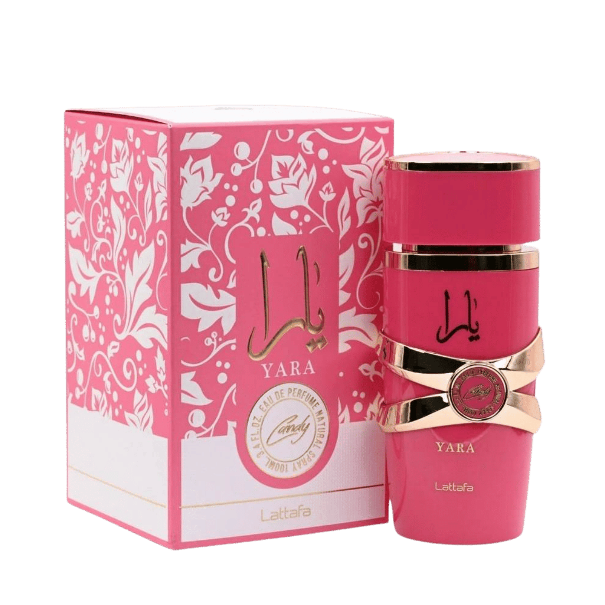 Lattafa Yara Candy apa de parfum 100 ml, flacon frontal roz fucsia vibrant, parfum original premium pentru femei.