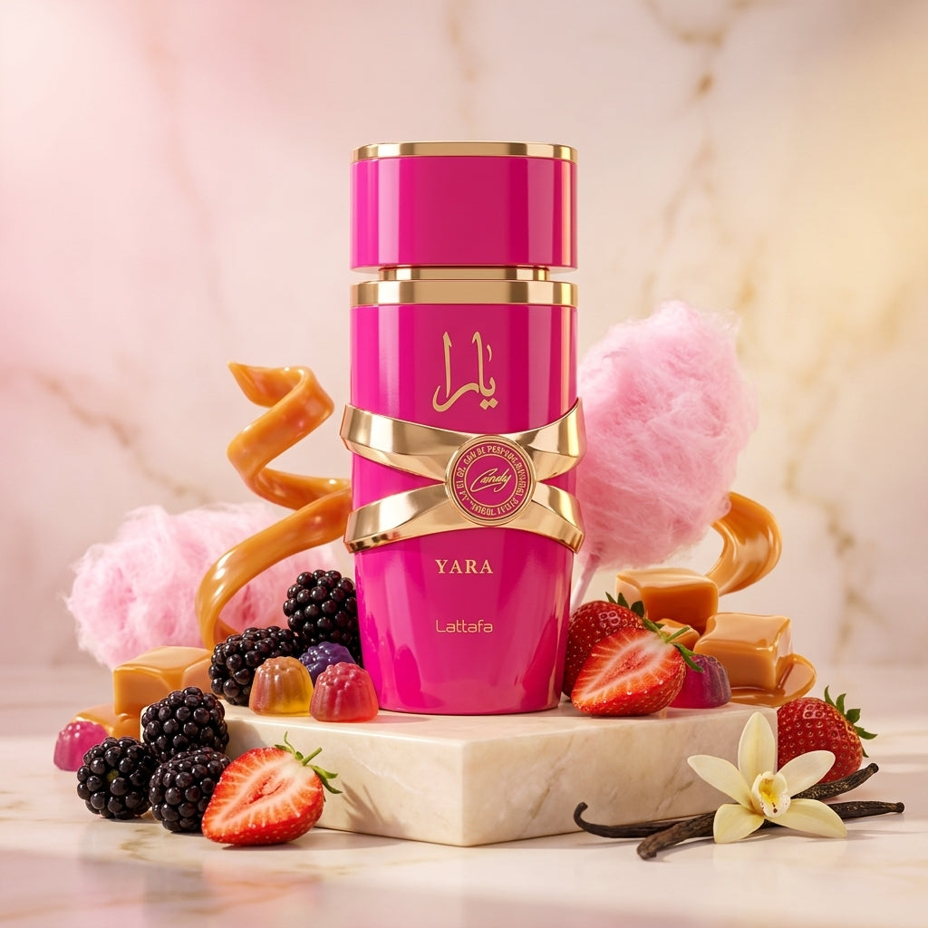 Lattafa Yara Candy parfum original înconjurat artistic de căpșuni coapte, mure, vată de zahăr și vanilie fină.