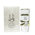 Lattafa Yara Moi apa de parfum 100 ml, flacon frontal alb mat cu detalii elegante, parfum arabesc original de lux.