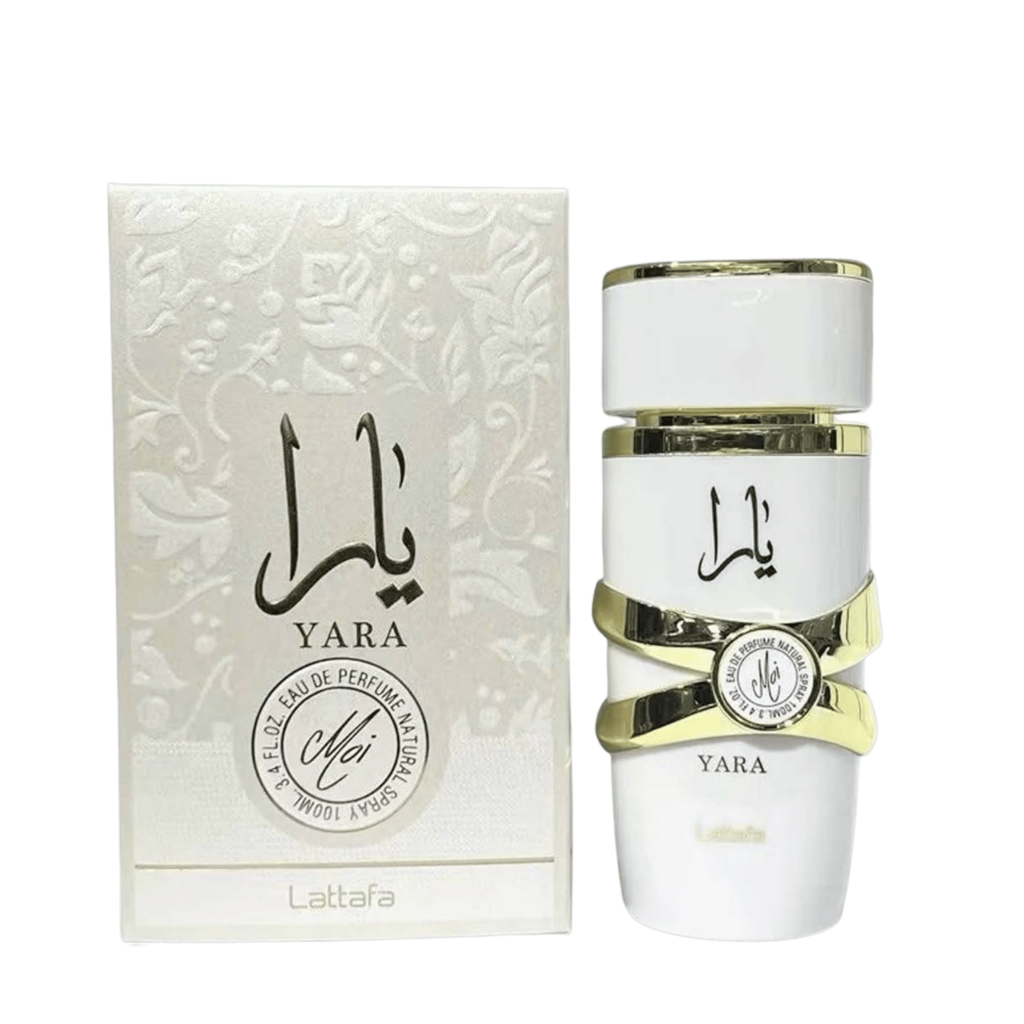 Lattafa Yara Moi apa de parfum 100 ml, flacon frontal alb mat cu detalii elegante, parfum arabesc original de lux.