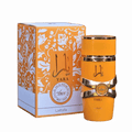 Lattafa Yara Tous apa de parfum 100 ml, flacon frontal galben oranj intens, parfum original de vară pentru femei.