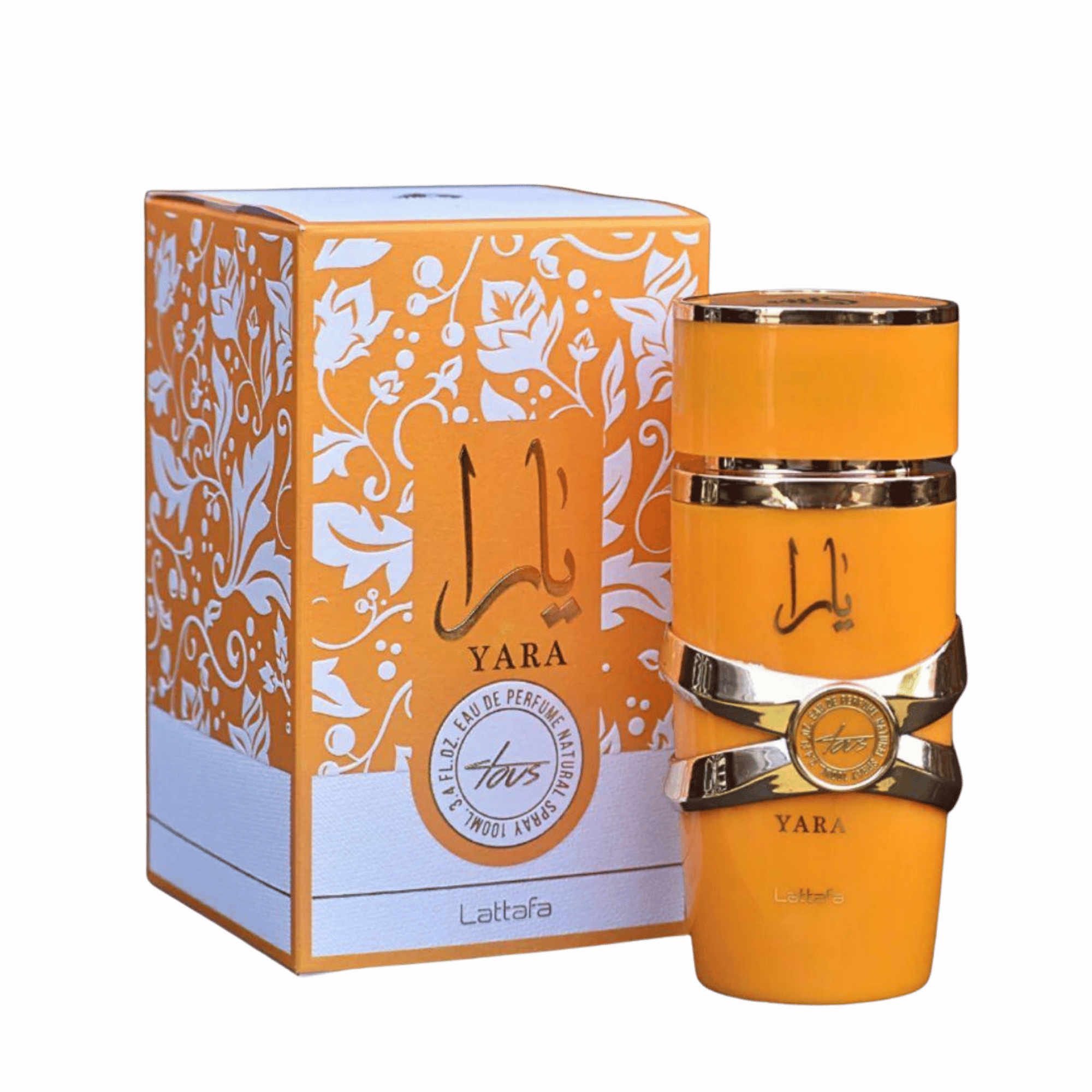 Lattafa Yara Tous apa de parfum 100 ml, flacon frontal galben oranj intens, parfum original de vară pentru femei.