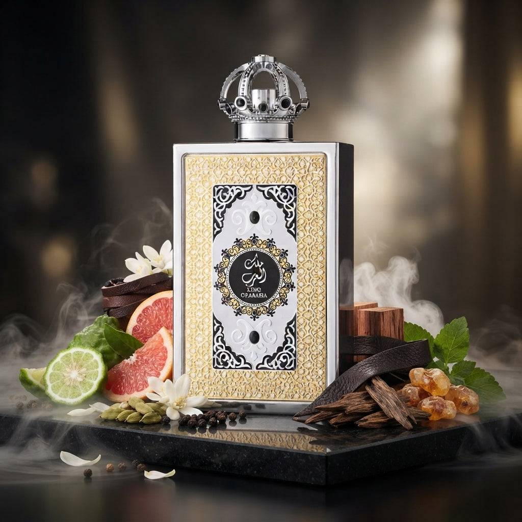 Le Chameau King of Arabia apa de parfum original încadrat estetic de ingrediente precum piper negru, pielărie și oud.
