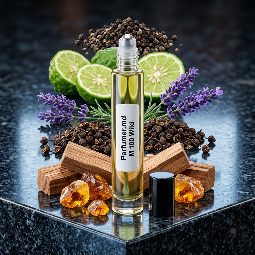 M 100 Wild inspirat de Christian Dior Sauvage ulei de parfum prezentat alături de bergamotă, lavandă, piper și ambroxan.