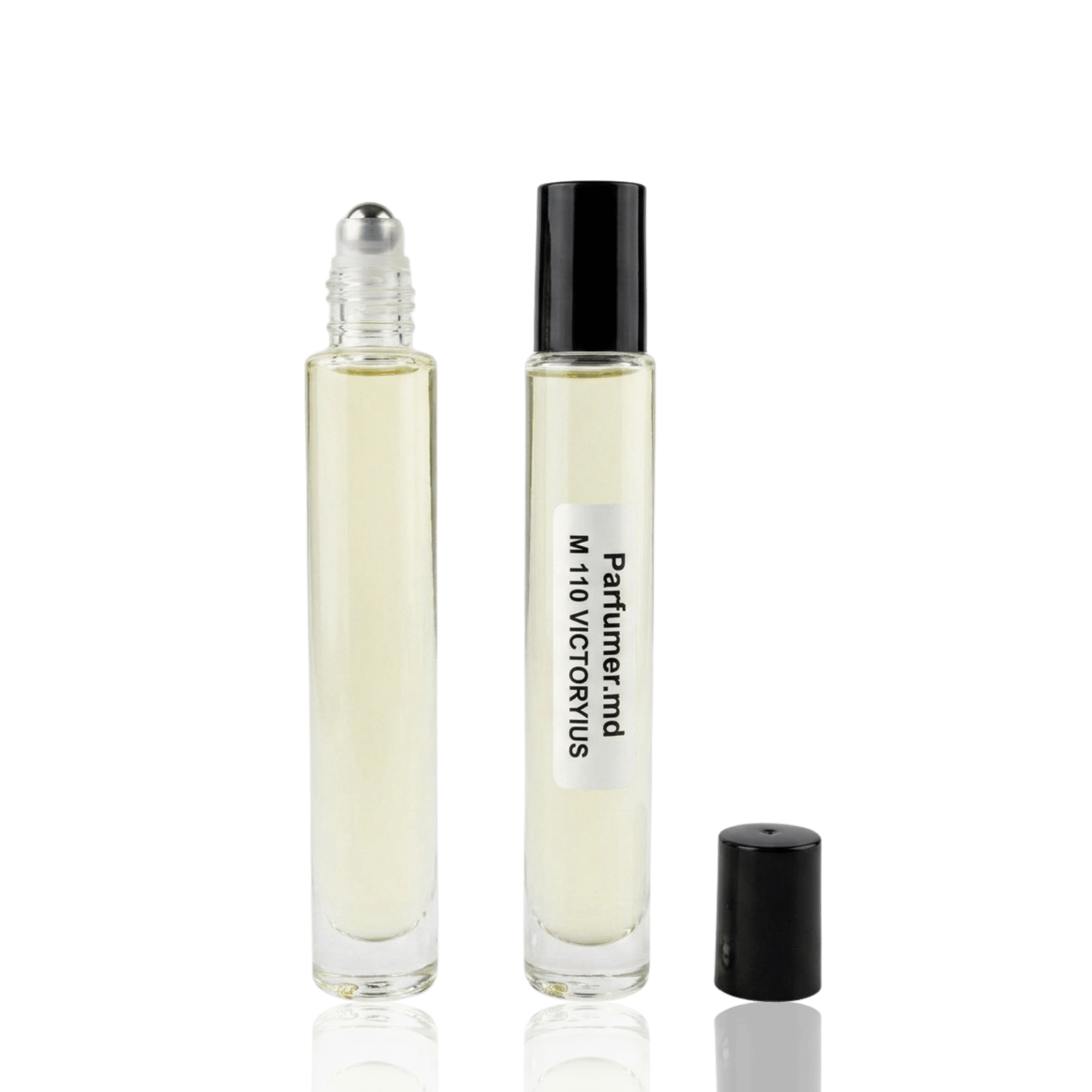 Detaliu flacon M 110 VICTORYIUS inspirat de Paco Rabanne Invictus ulei de parfum, evidențiind eticheta și aplicatorul roll-on.