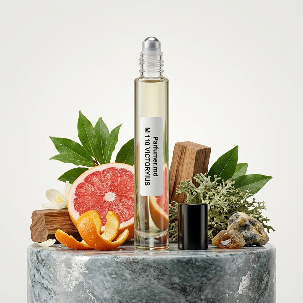 M 110 VICTORYIUS inspirat de Paco Rabanne Invictus ulei de parfum prezentat alături de grefă, frunze de dafin și acorduri marine.