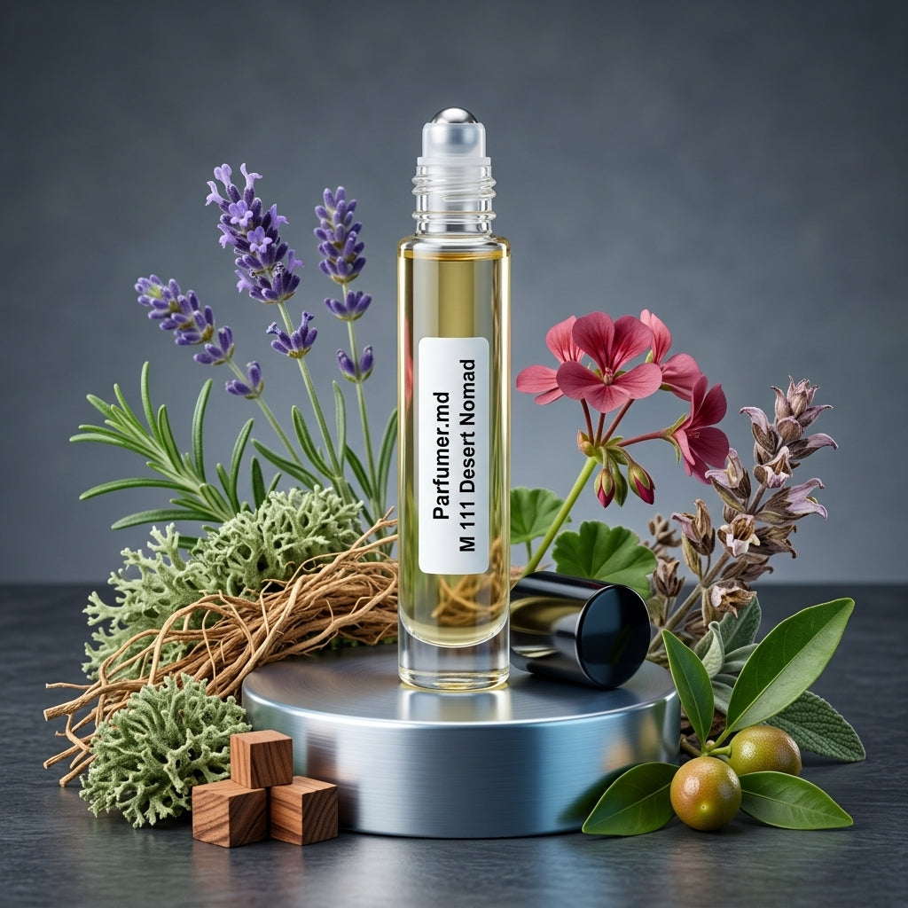 M 111 Desert Nomad inspirat de Chanel Égoïste Platinum ulei de parfum prezentat alături de lavandă, rozmarin și lemn de cedru.