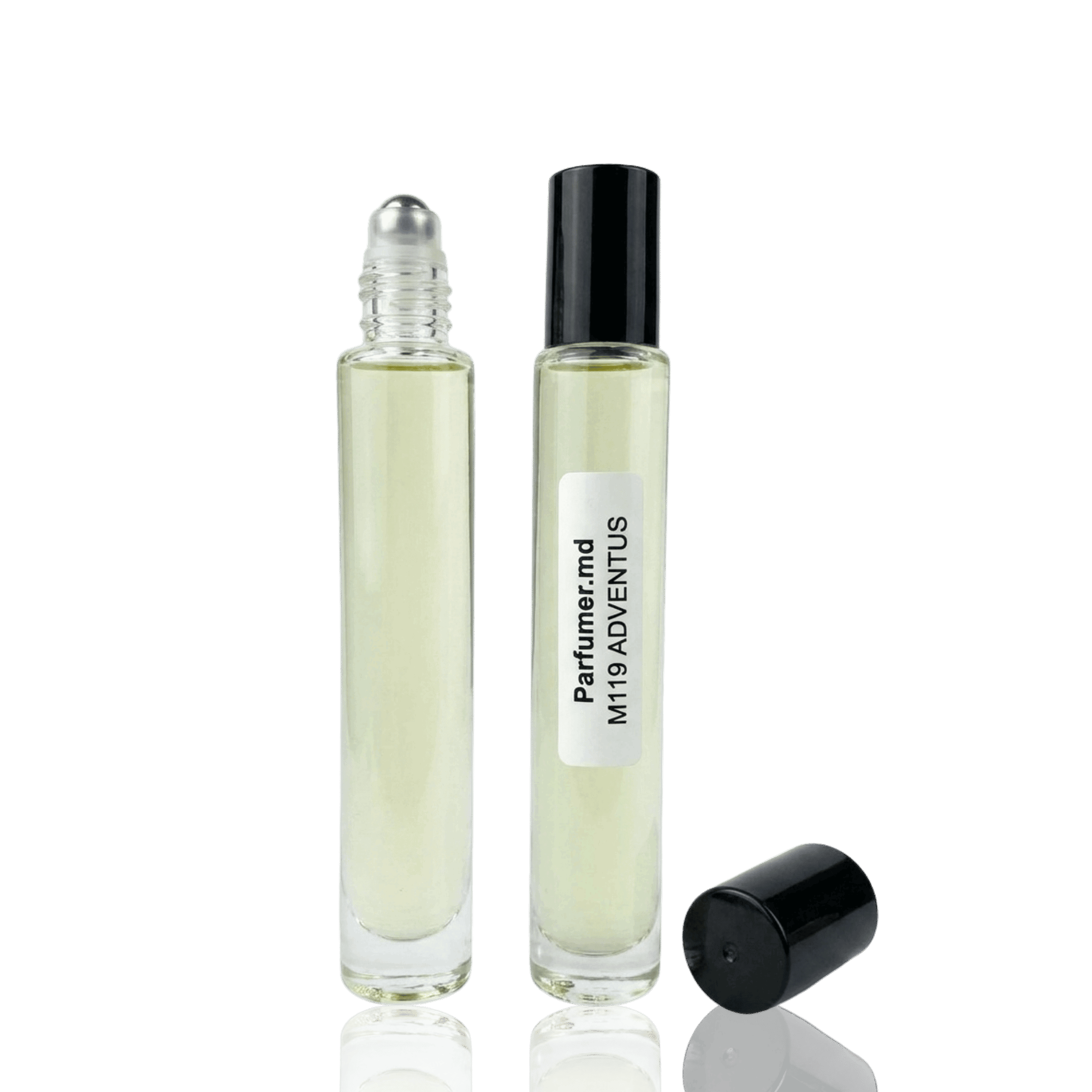 Detaliu flacon M 119 ADVENTUS inspirat de Creed Aventus ulei de parfum, evidențiind eticheta și aplicatorul roll-on.