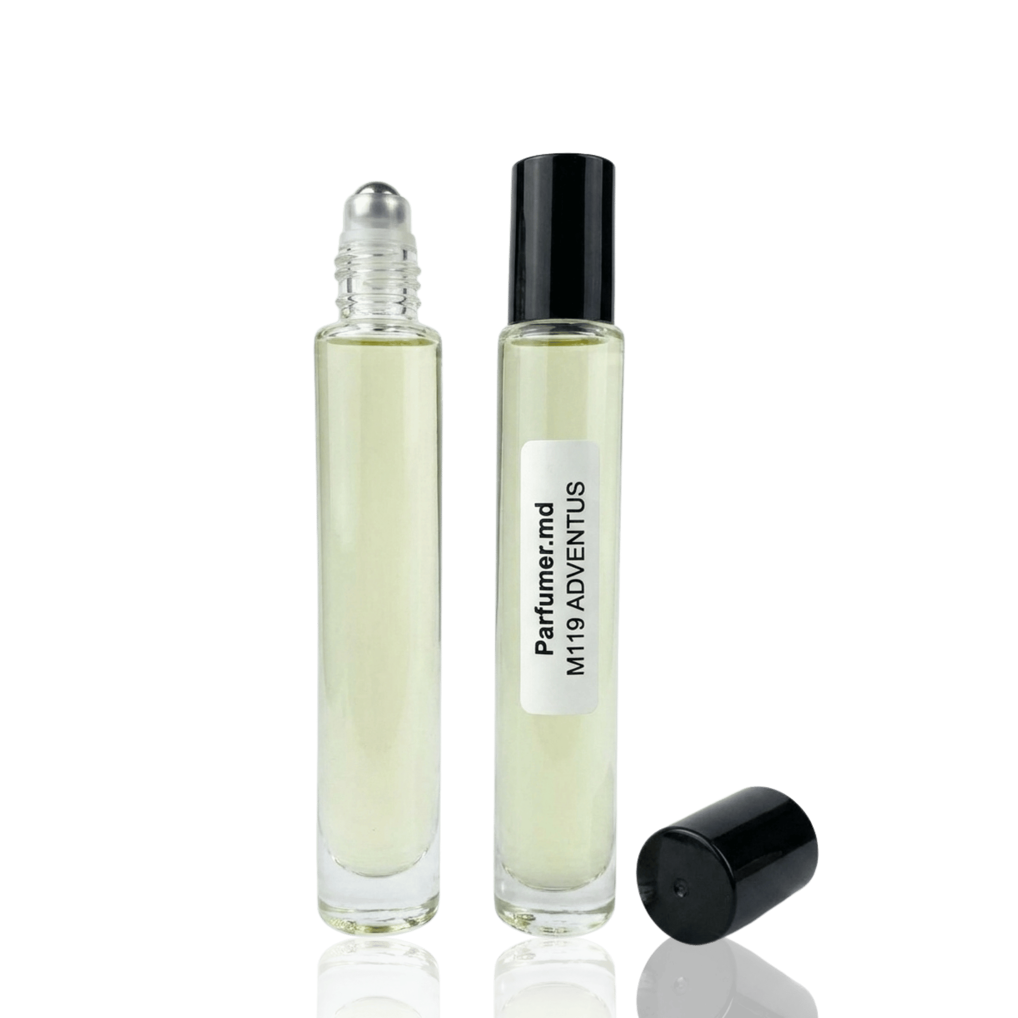 Detaliu flacon M 119 ADVENTUS inspirat de Creed Aventus ulei de parfum, evidențiind eticheta și aplicatorul roll-on.