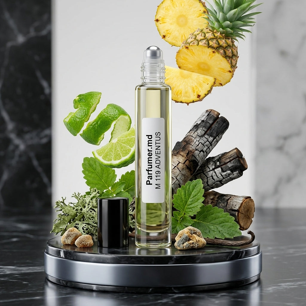 M 119 ADVENTUS inspirat de Creed Aventus ulei de parfum prezentat alături de ananas, mesteacăn și bergamotă.