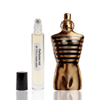 Detaliu flacon M 173 Li Malis Elixir inspirat din Jean Paul Gaultier ulei de parfum, evidențiind eticheta și aplicatorul roll-on.
