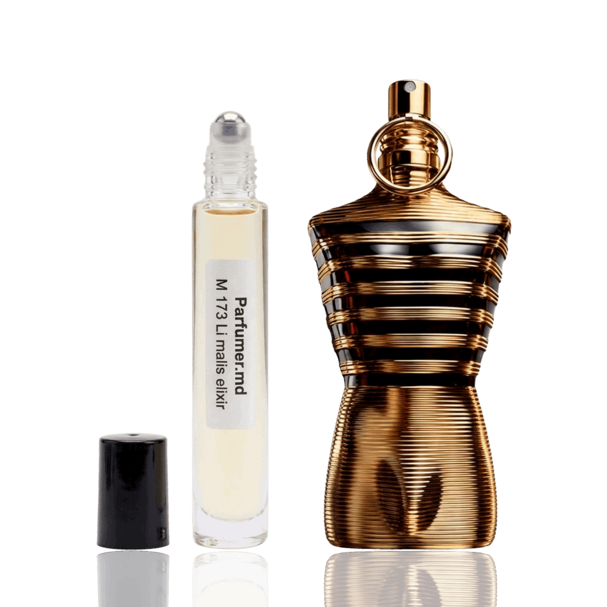 Detaliu flacon M 173 Li Malis Elixir inspirat din Jean Paul Gaultier ulei de parfum, evidențiind eticheta și aplicatorul roll-on.