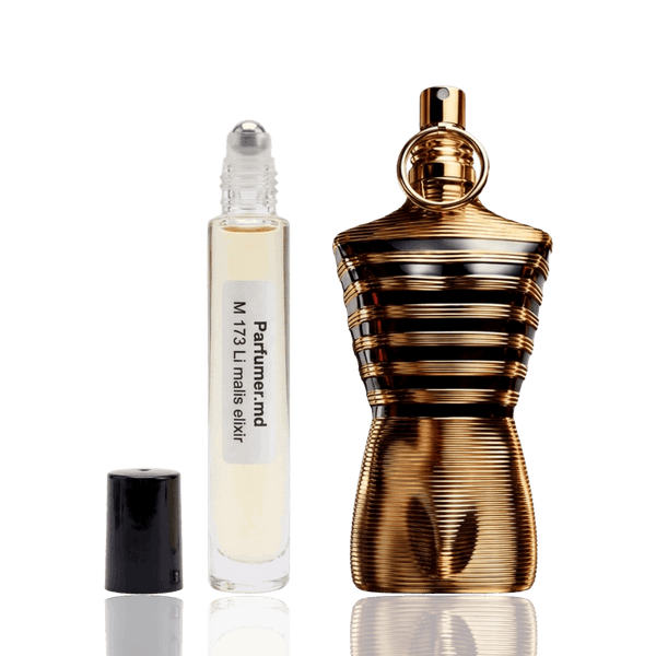 Detaliu flacon M 173 Li Malis Elixir inspirat din Jean Paul Gaultier ulei de parfum, evidențiind eticheta și aplicatorul roll-on.
