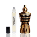 Detaliu flacon M 173 Li Malis Elixir inspirat din Jean Paul Gaultier ulei de parfum, evidențiind eticheta și aplicatorul roll-on.