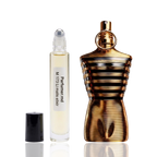 Detaliu flacon M 173 Li Malis Elixir inspirat din Jean Paul Gaultier ulei de parfum, evidențiind eticheta și aplicatorul roll-on.