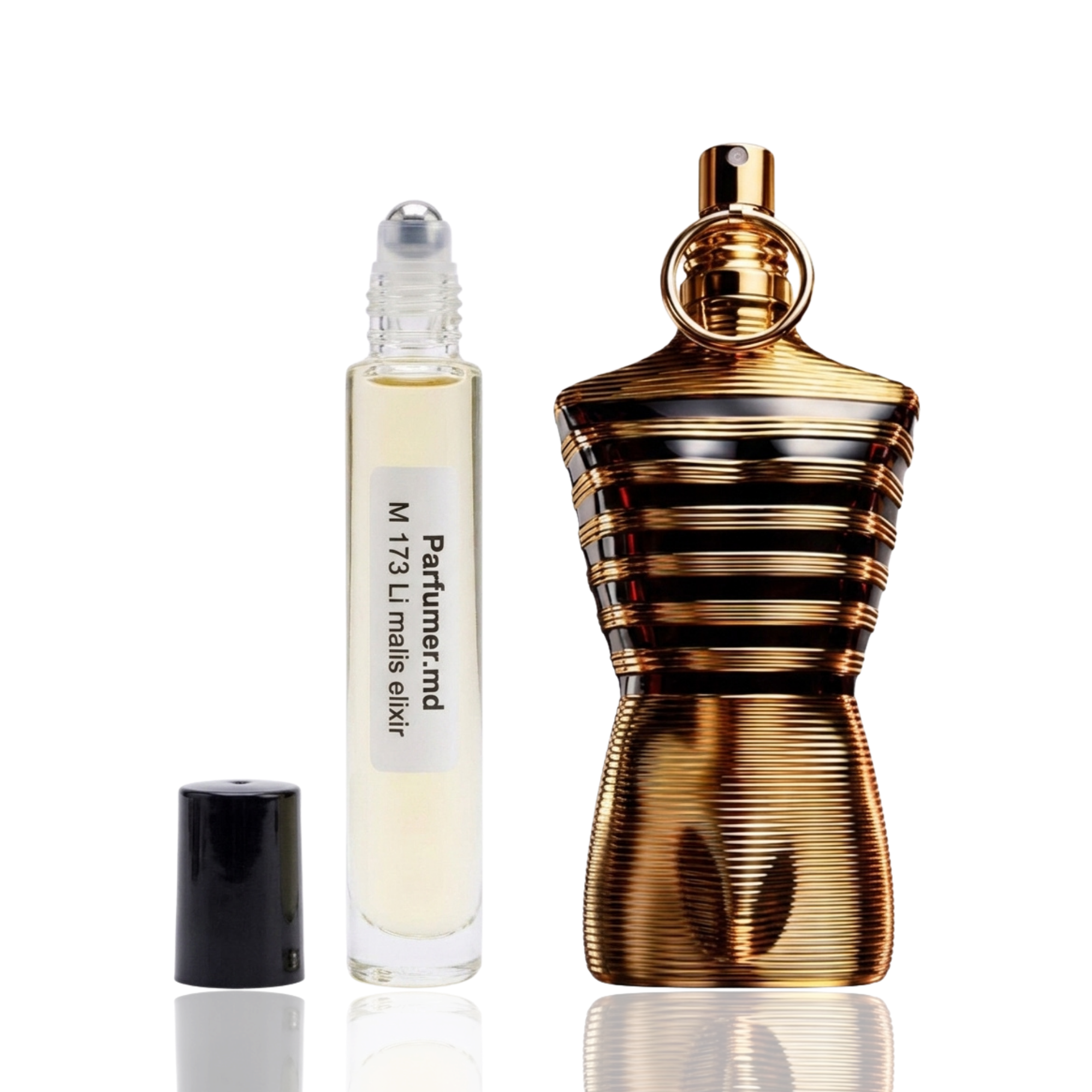 Detaliu flacon M 173 Li Malis Elixir inspirat din Jean Paul Gaultier ulei de parfum, evidențiind eticheta și aplicatorul roll-on.