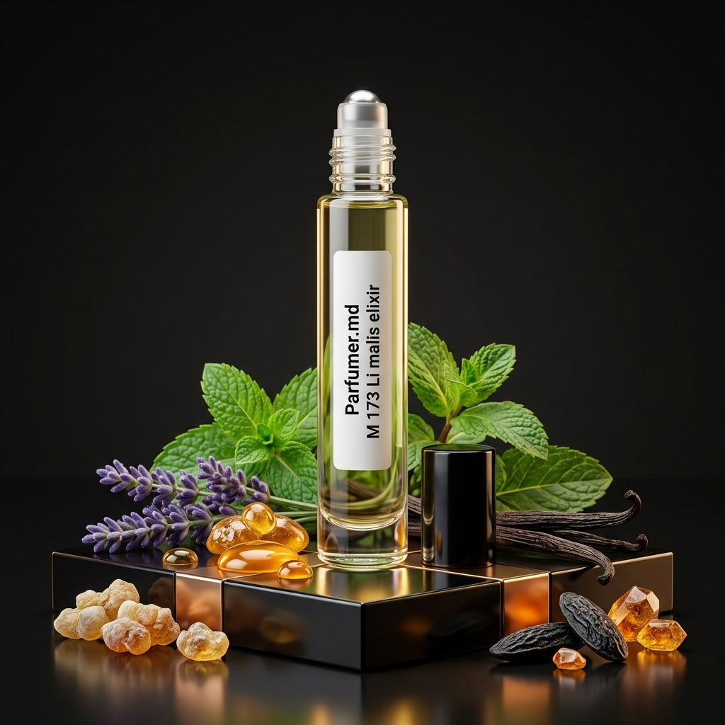 M 173 Li Malis Elixir inspirat din Jean Paul Gaultier ulei de parfum prezentat alături de mentă, lavandă, miere și vanilie.